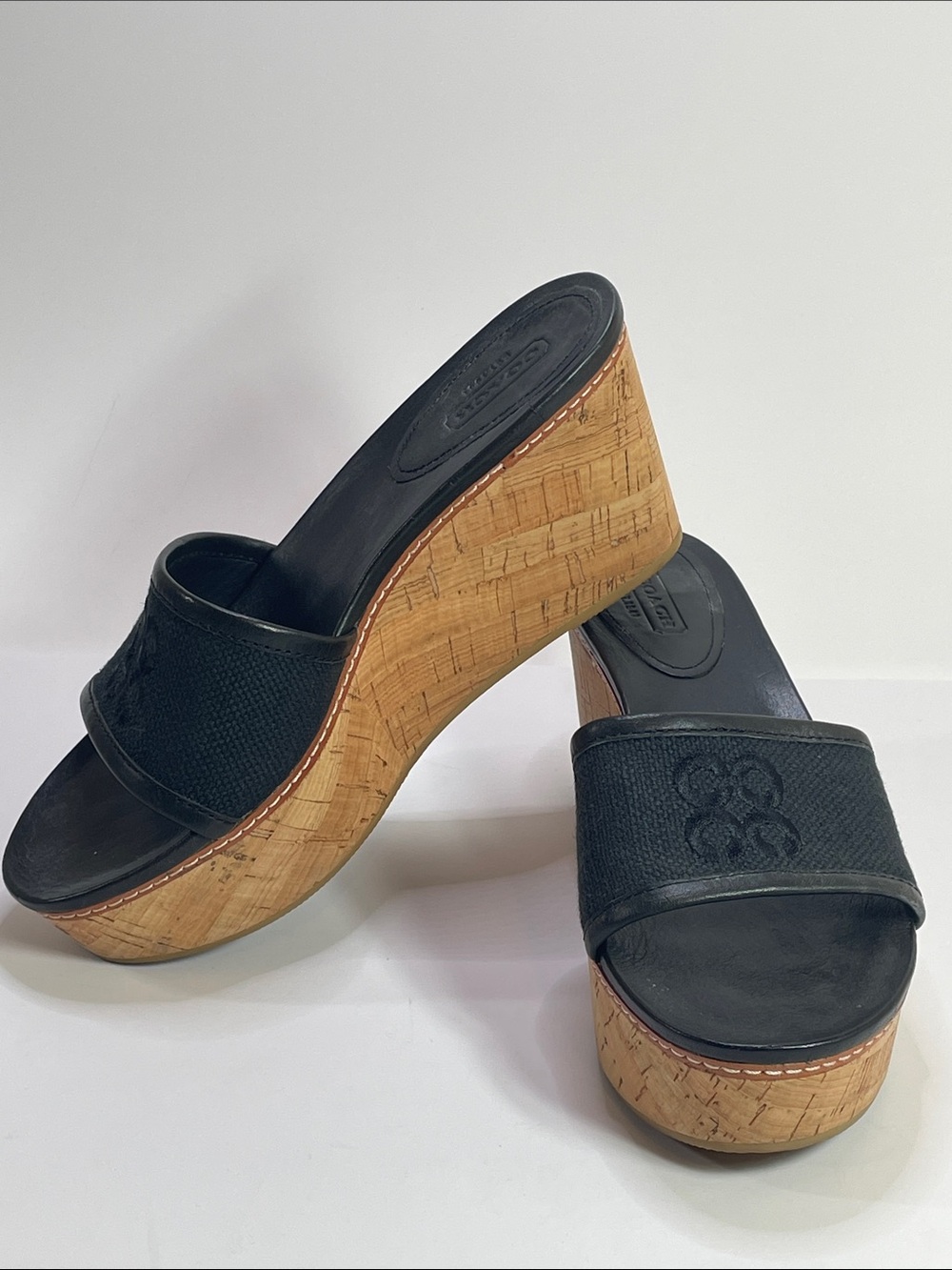 Coach Black Cork Platform Wedge Slides Size 7B